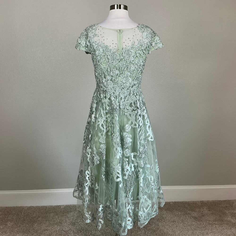 Mac Duggal 20978 Sage Green Cocktail Dress Beaded Lace Fit & Flare Midi Size 12 - Picture 5 of 10